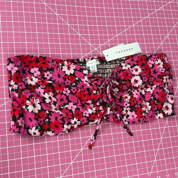 Coquette Ruched Keyhole Bandeau Bralette Top Vintage inspired Pink Red Florals - Picture 5 of 11